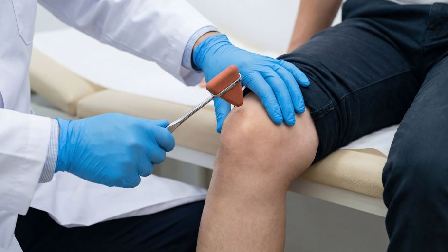 A doctor testing knee jerk of a patient