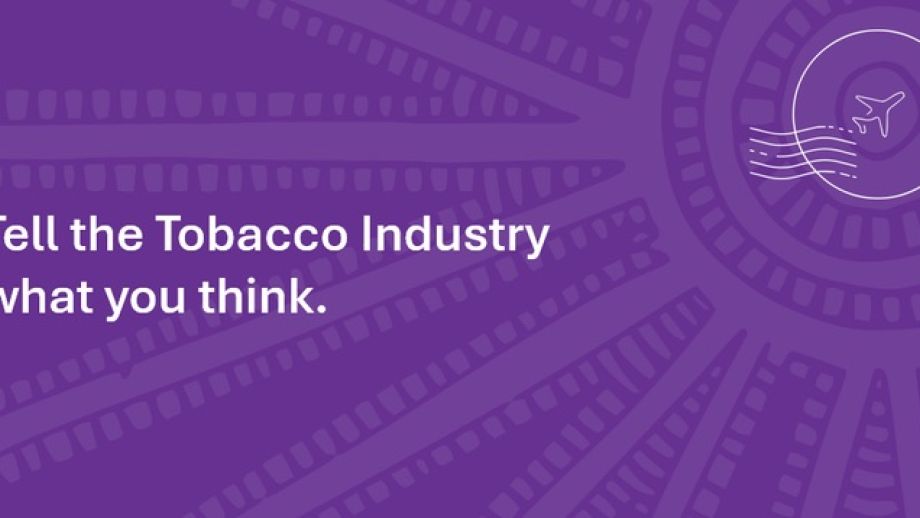 Purple background with text reading Tell the Tobacco industry what you think