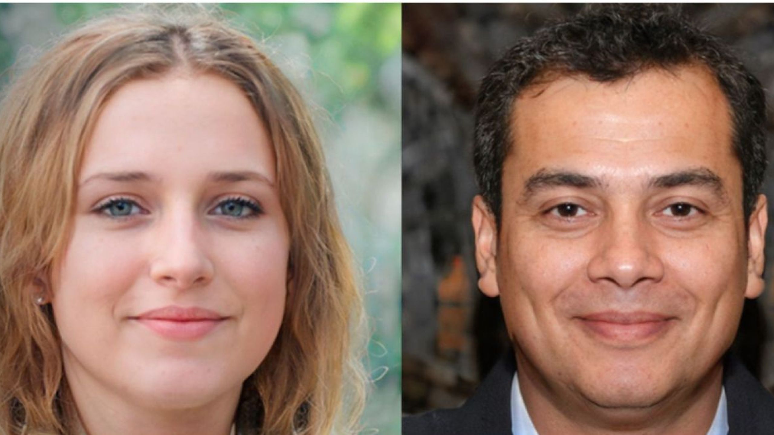 AI-generated photos of the faces of a woman and a man. 